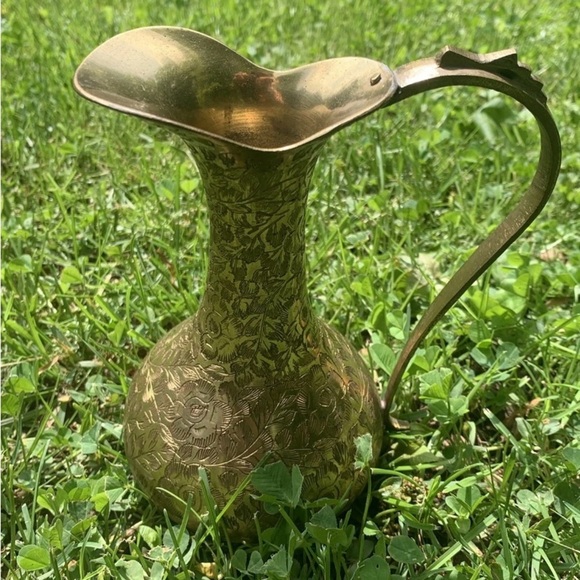 Vintage Etched India Brass 7” Pitcher - Picture 5 of 10